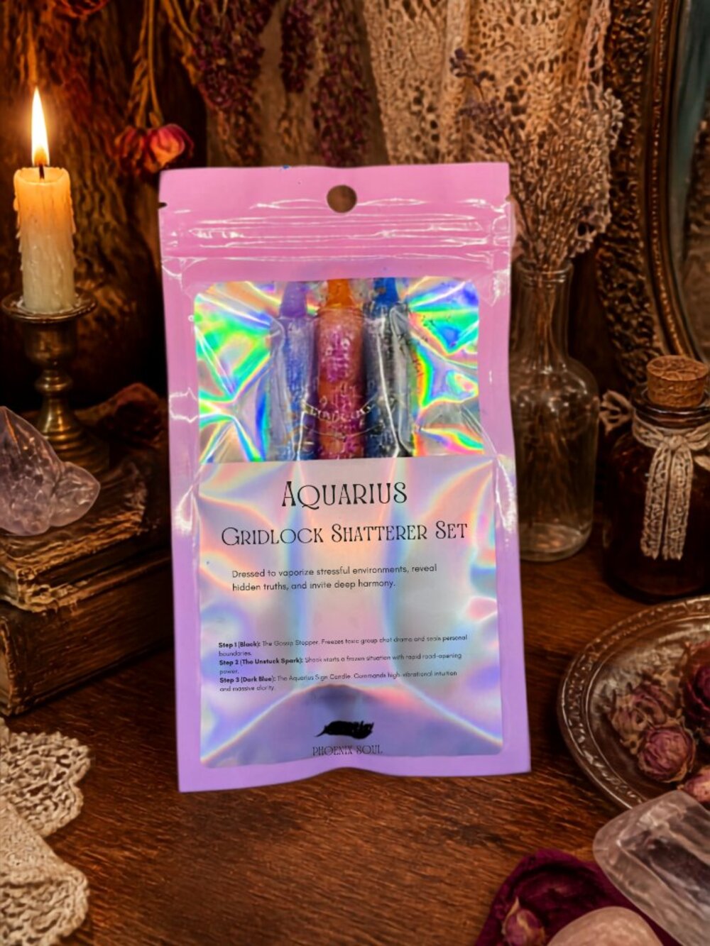 3pc Aquarius Gridlock & Shatterer Spell Candle Set Hand Dressed